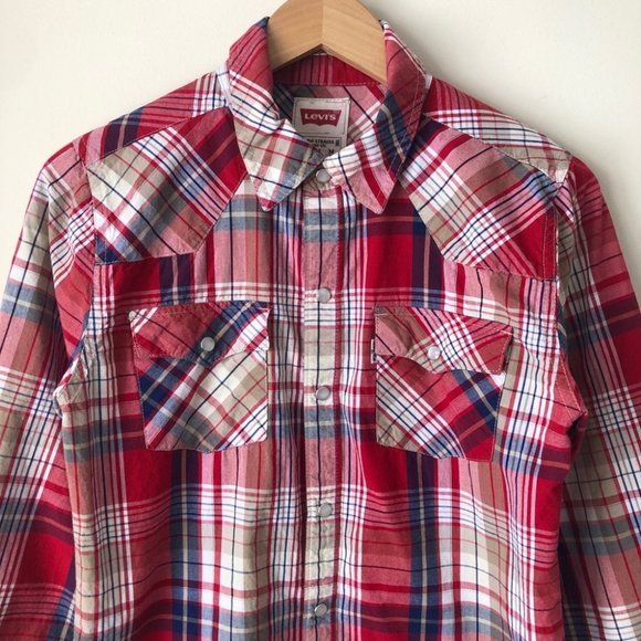 Levi’s Boys Red Plaid Pearl Snap Button Down Shirt - Picture 3 of 9